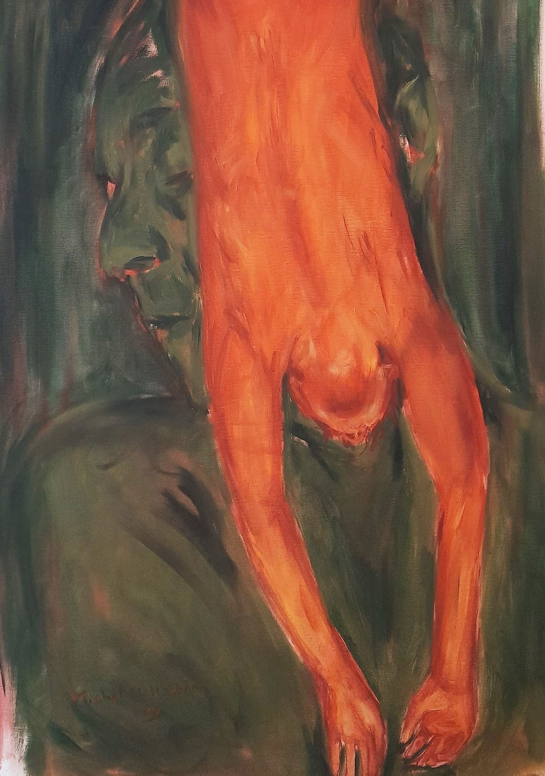 In the Name of the Father, oil on canvas: an orange figure falling head first