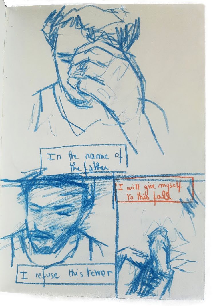Sketchbook page with panels and handwritten lines