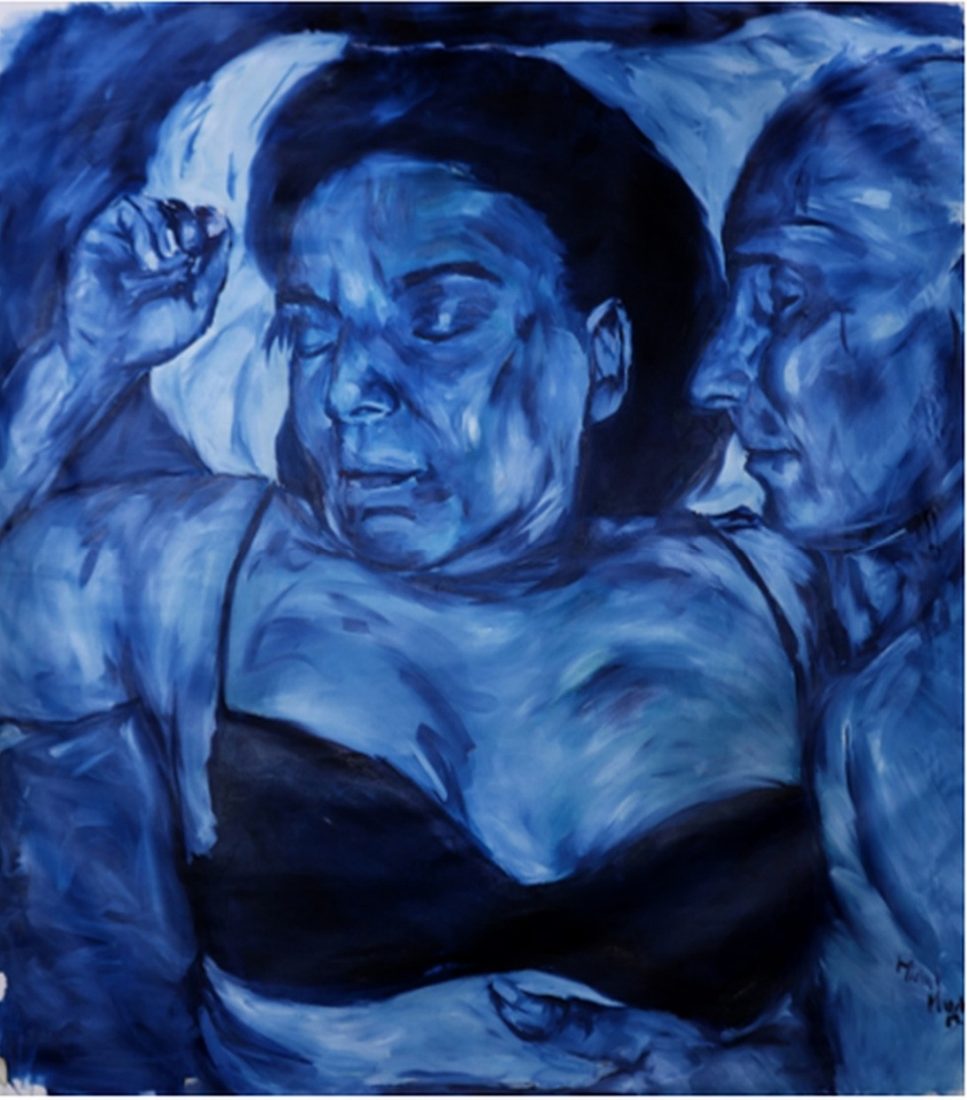 The couple asleep, painted in blue