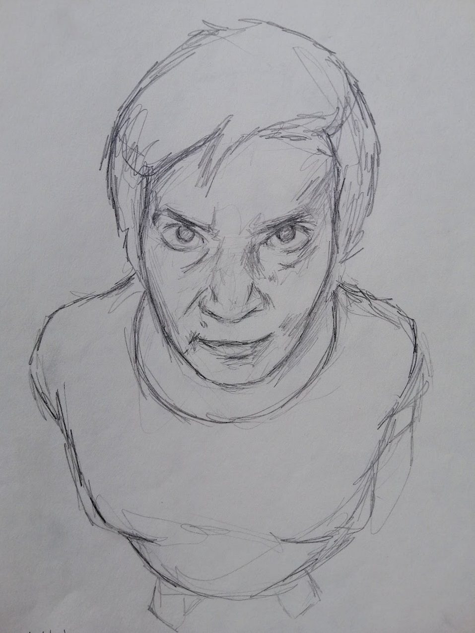 Leila, pencil drawing looking up